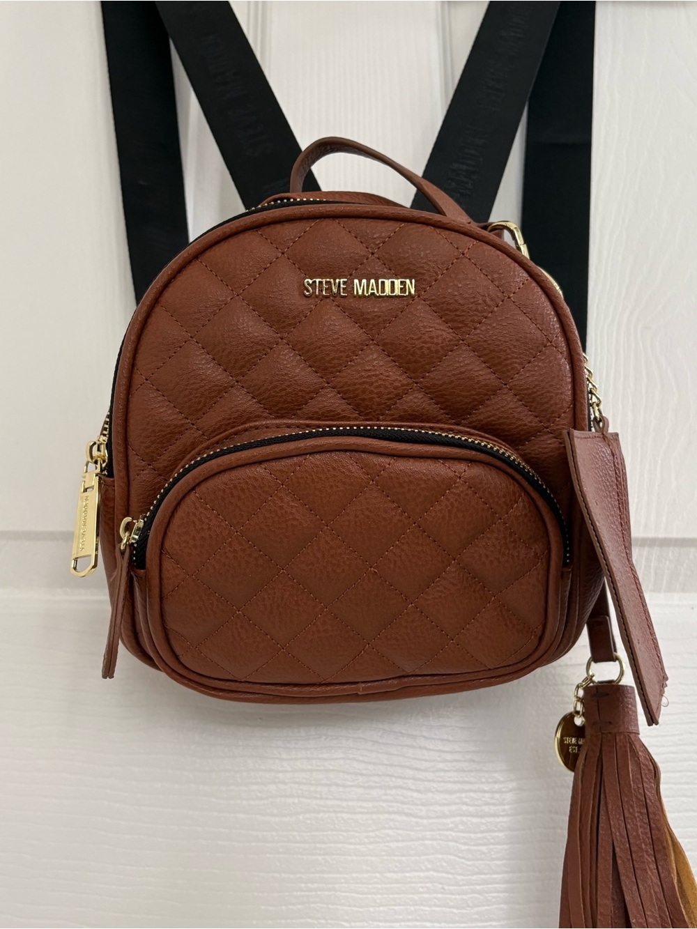 Steve Madden Quilted Mini Backpack in Chestnut Brown with Gold Hardware